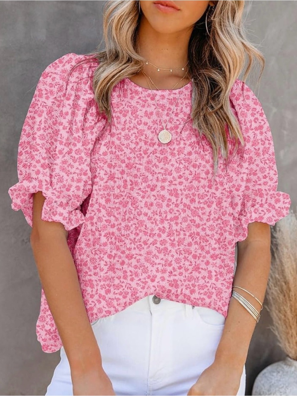 Dokotoo 2XL Light Pink Hot Pink Floral Textured Puff Sleeve Ruffle Blouse R $28